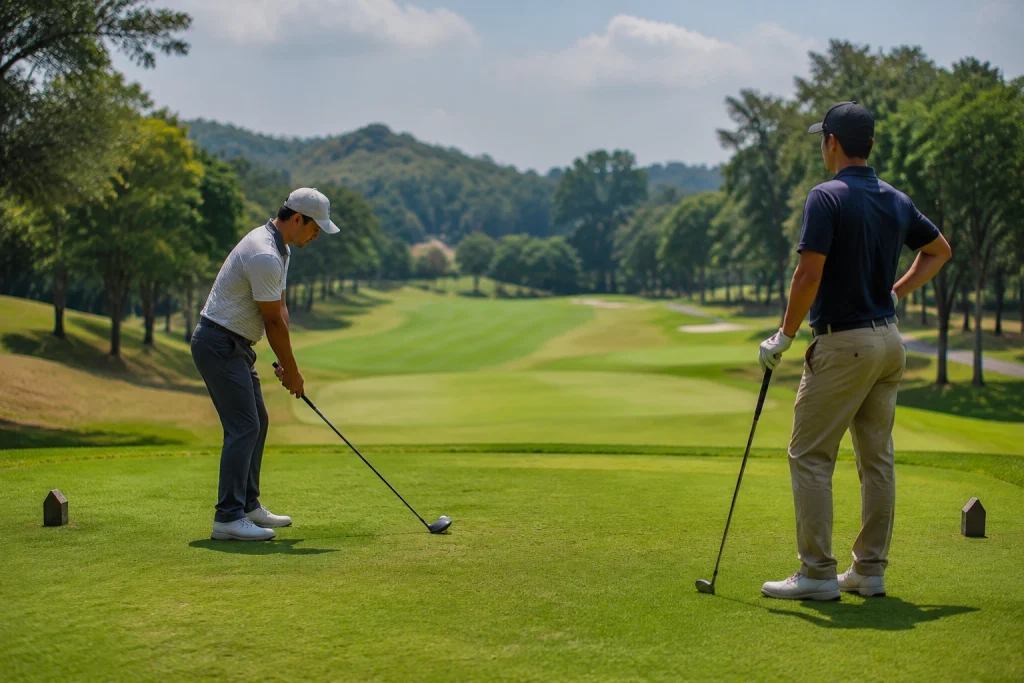 Beginner golfer learning golf course etiquette during a first round