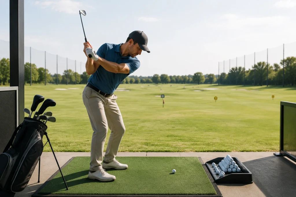 Golf for complete beginners practice routine at a driving range