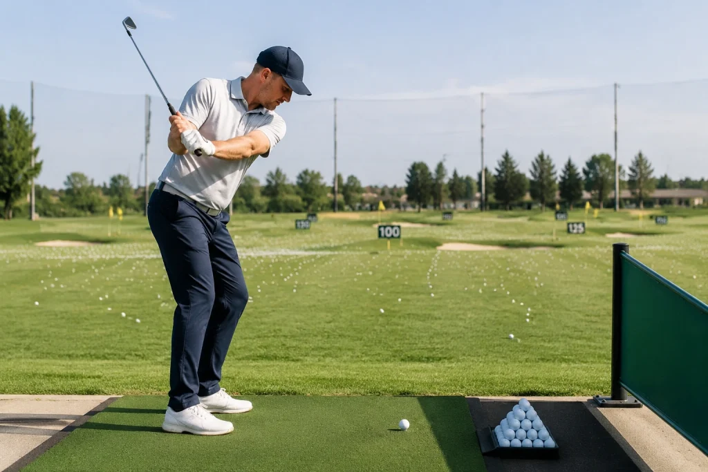 Beginner golfer learning golf with a controlled iron swing at a practice range