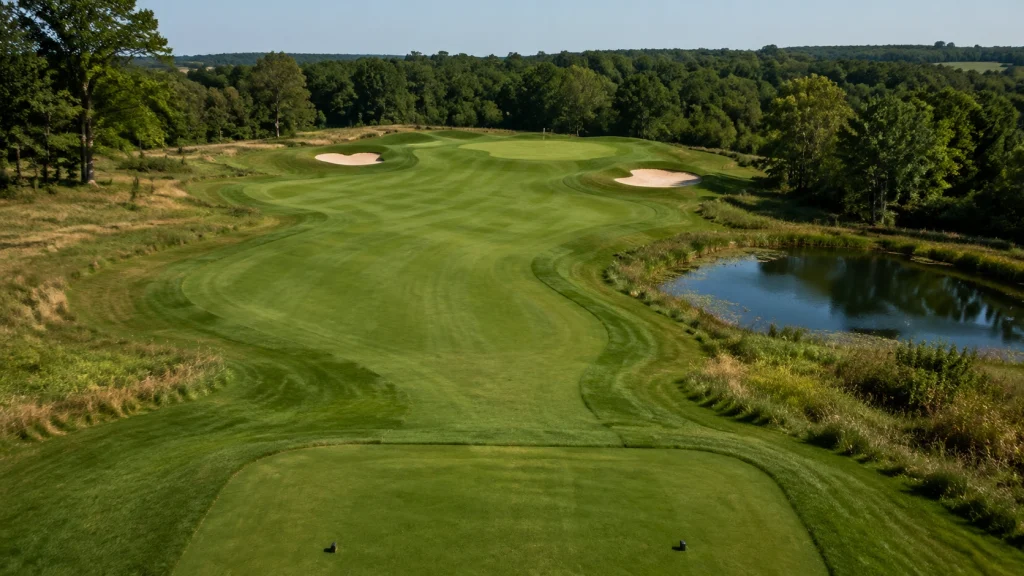 What is golf course layout showing tee, fairway, rough, bunker, water and putting green