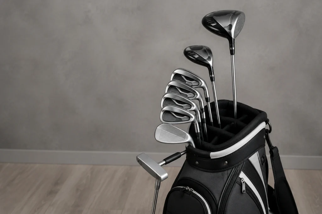 Beginner golf equipment including driver, hybrid, irons, wedge and putter