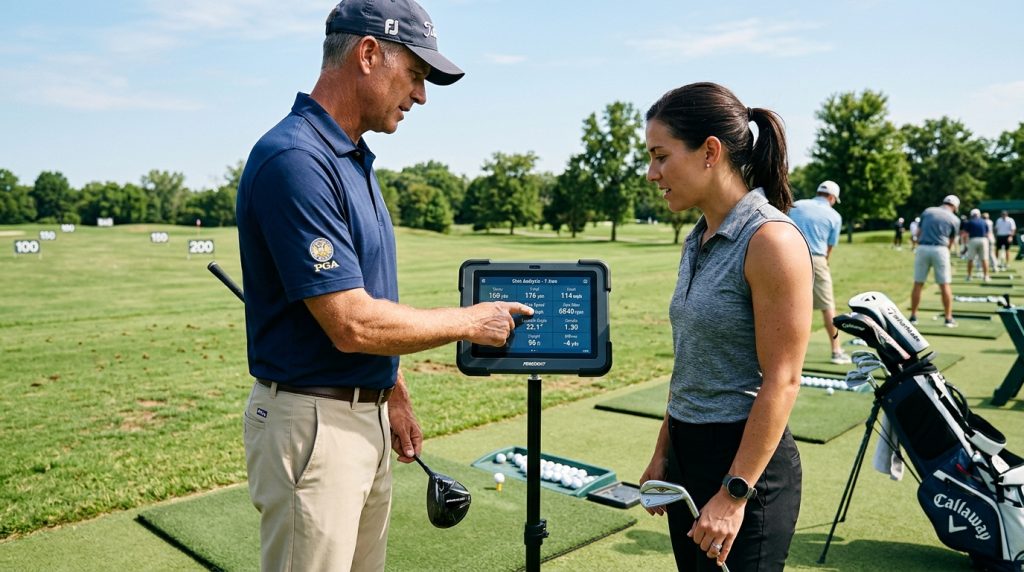 golf instructor explaining swing data to a golfer for better scoring