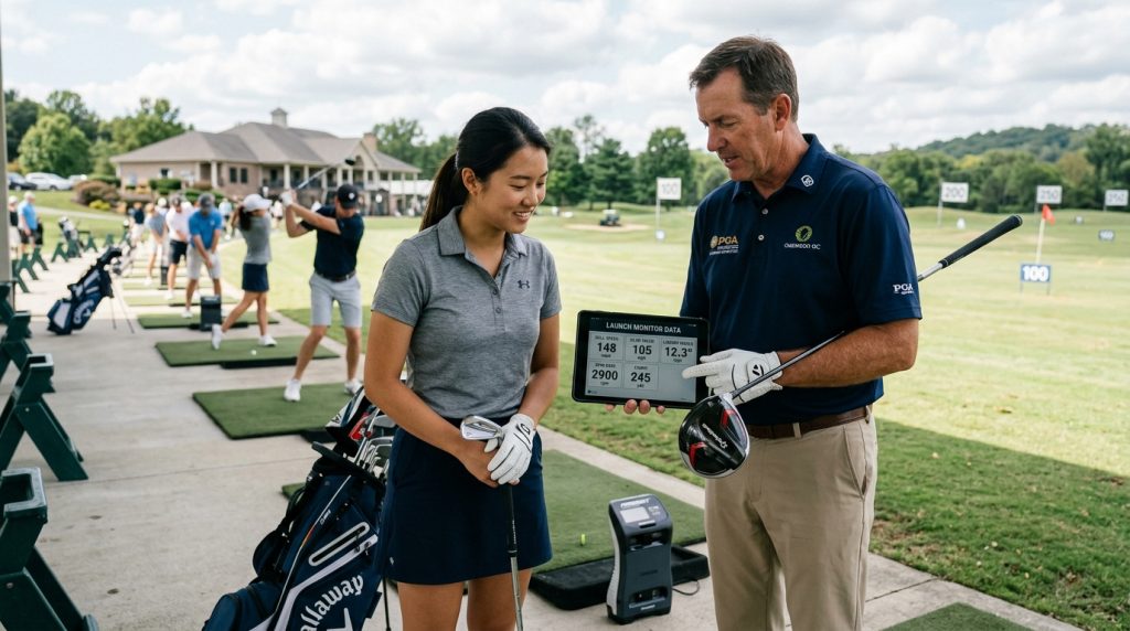 golf professional helping a player with swing technique on the range