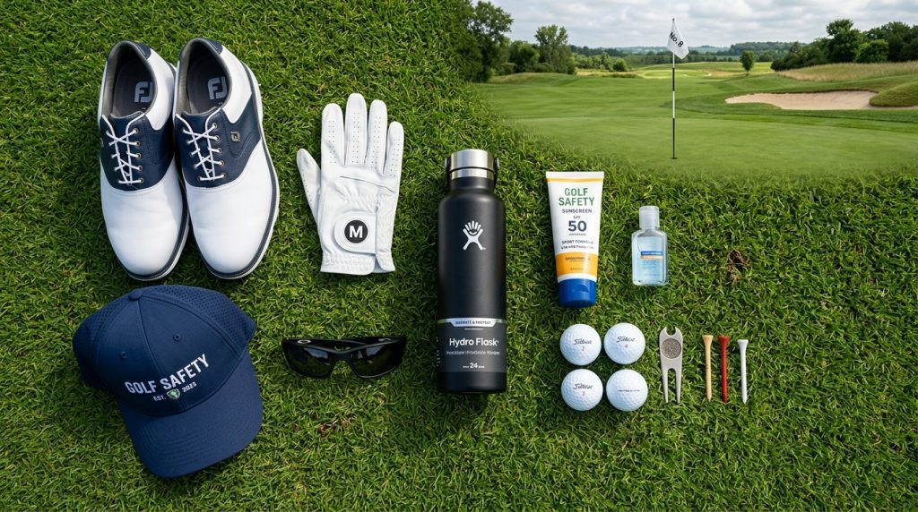 Golf safety equipment including shoes hat sunscreen and golf accessories