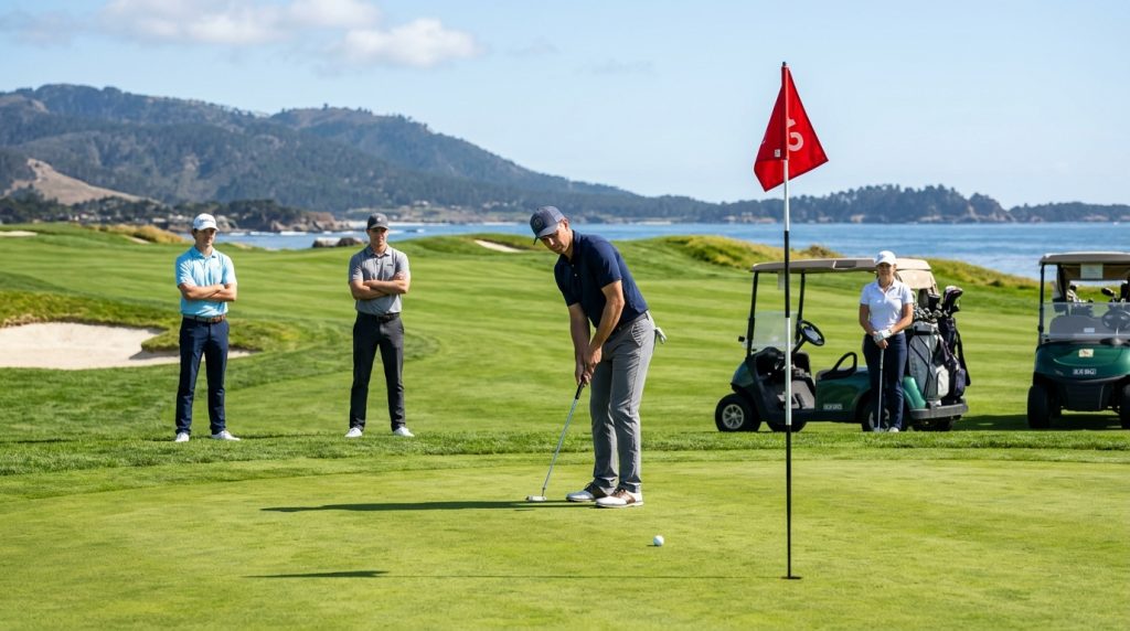 Golf Safety Tips showing golfers maintaining safe distance on a golf course
