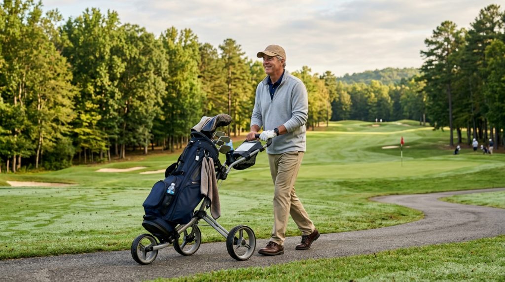 Benefits of golf shown by a golfer walking with a push cart on a green course