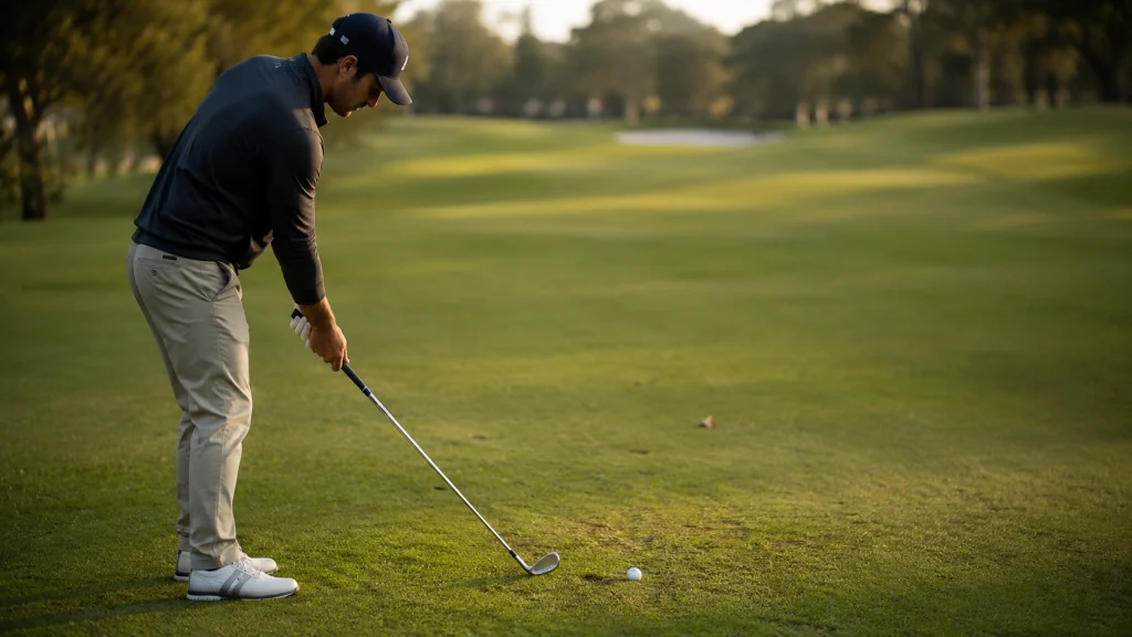 Golfer aligning clubface toward an intermediate target during a golf aim routine