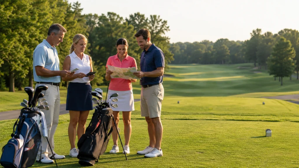 Golf Formats Explained with golfers preparing for different scoring formats on a course