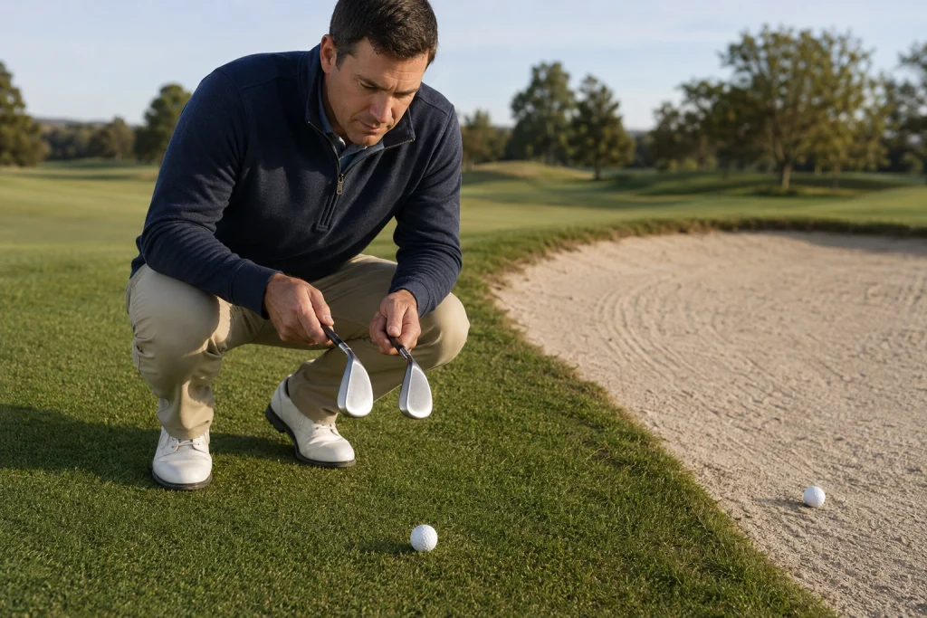 Golfer comparing wedge bounce for turf and bunker conditions