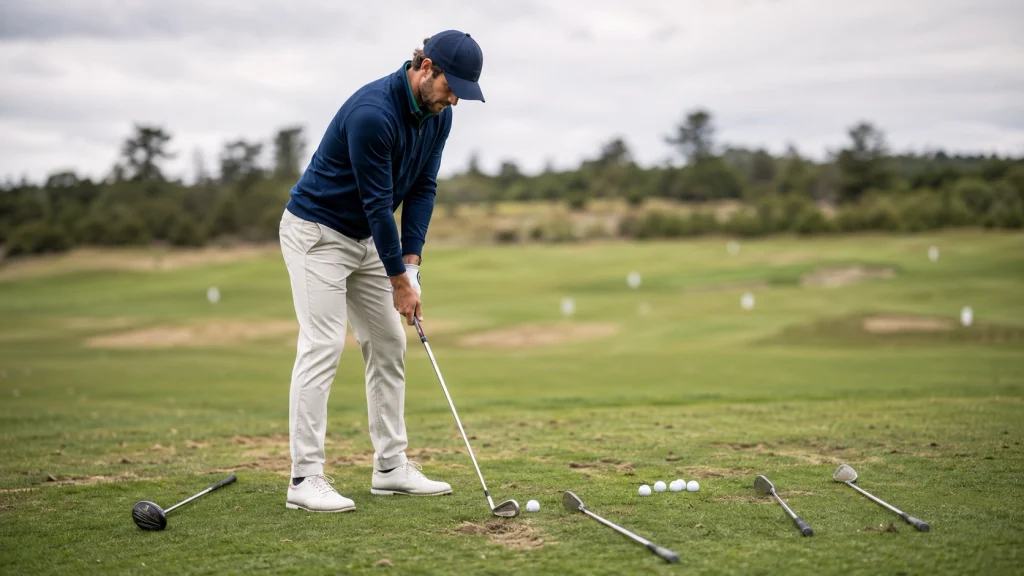 Golfer checking ball position with different golf clubs at address