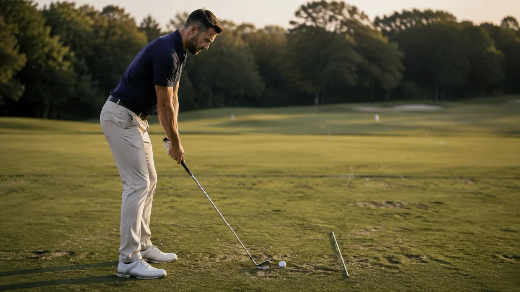 Golfer demonstrating balanced posture, grip, stance and ball position at address