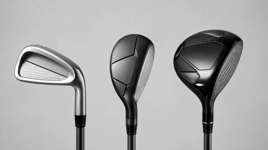 Hybrid club explained beside a long iron and fairway wood