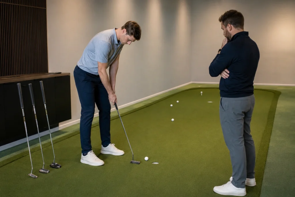 Golfer testing blade and mallet putters during a putter fitting
