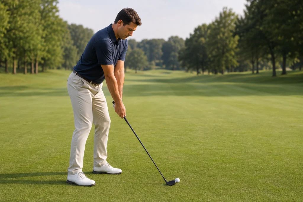 Golfer demonstrating how to hit a hybrid golf club
