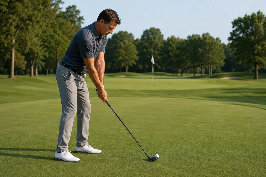 Golfer demonstrating correct fairway wood setup and ball position