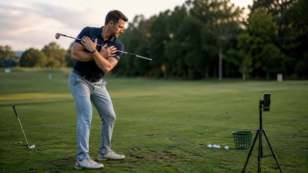 Golfer using a crossed-arms full backswing drill while recording practice with a smartphone.