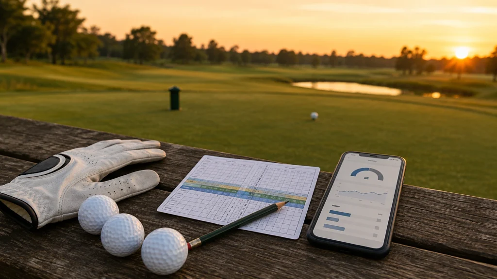 Golf Handicap Explained with scorecard, pencil, and golf balls on a course bench