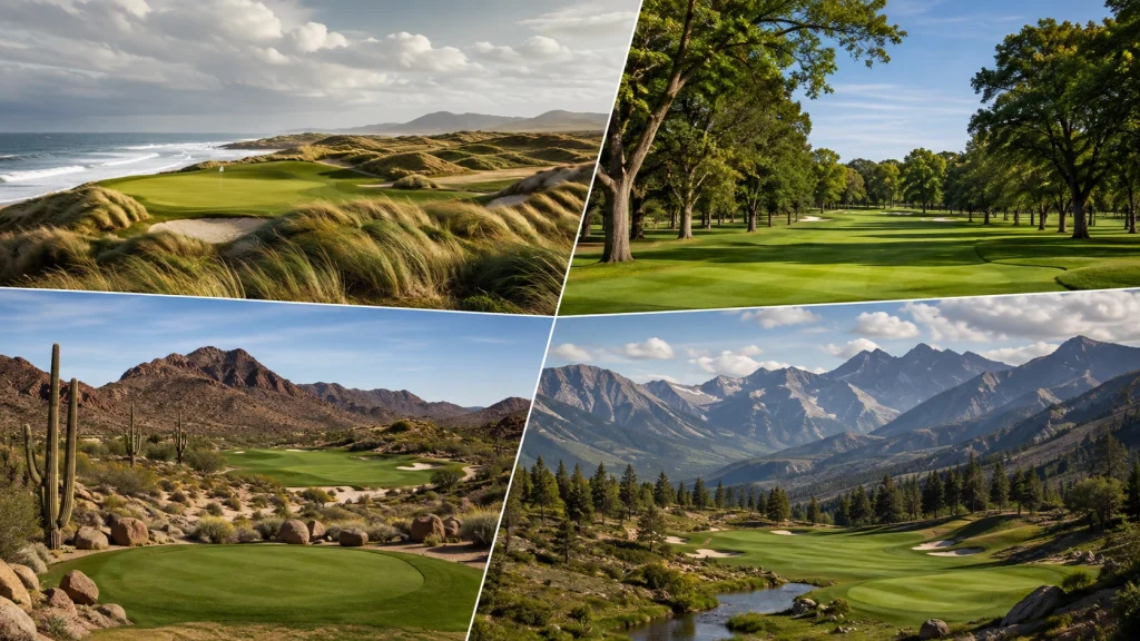 Types of Golf Courses comparison showing links, parkland, desert, and mountain golf layouts