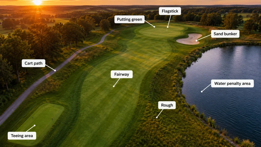 Parts of a golf course labeled on a beginner-friendly golf hole layout