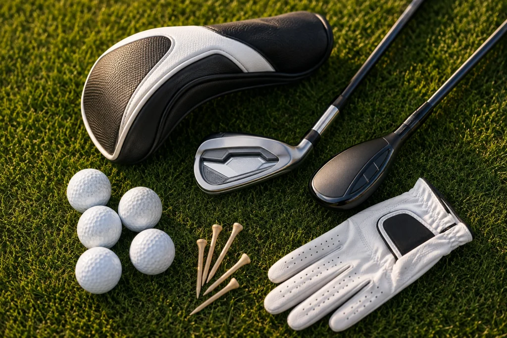 Golf handicap explained with beginner and intermediate golf clubs arranged on grass