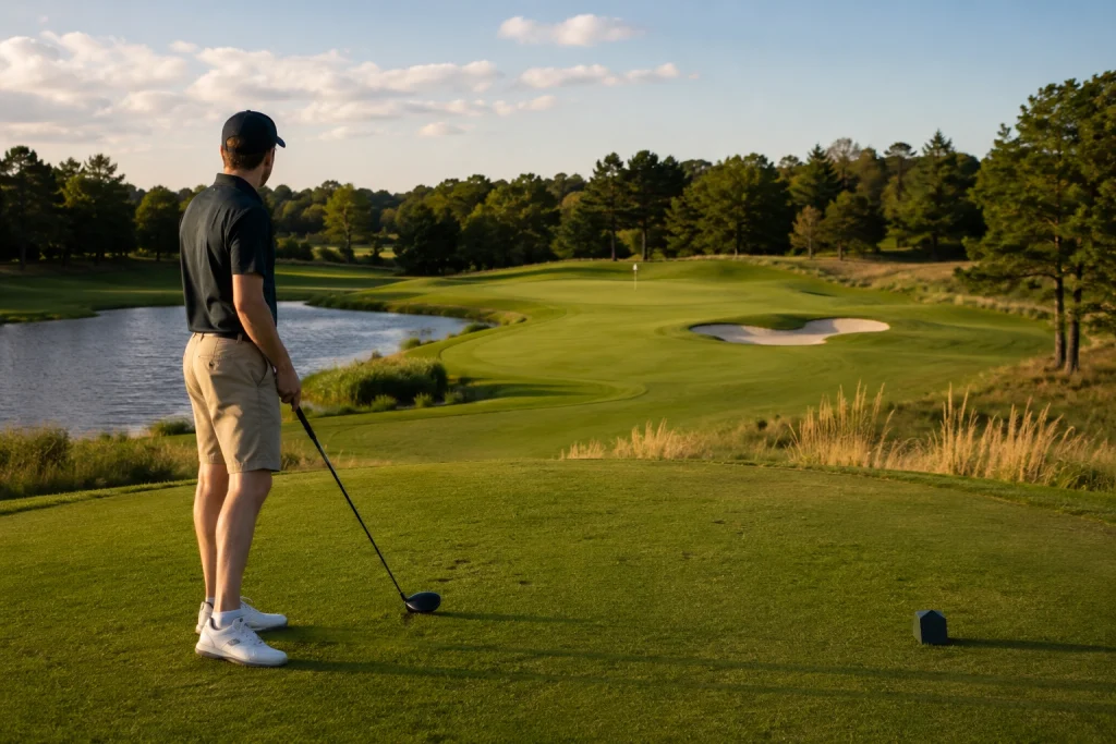 Golfer studying parts of a golf course before choosing a safe target