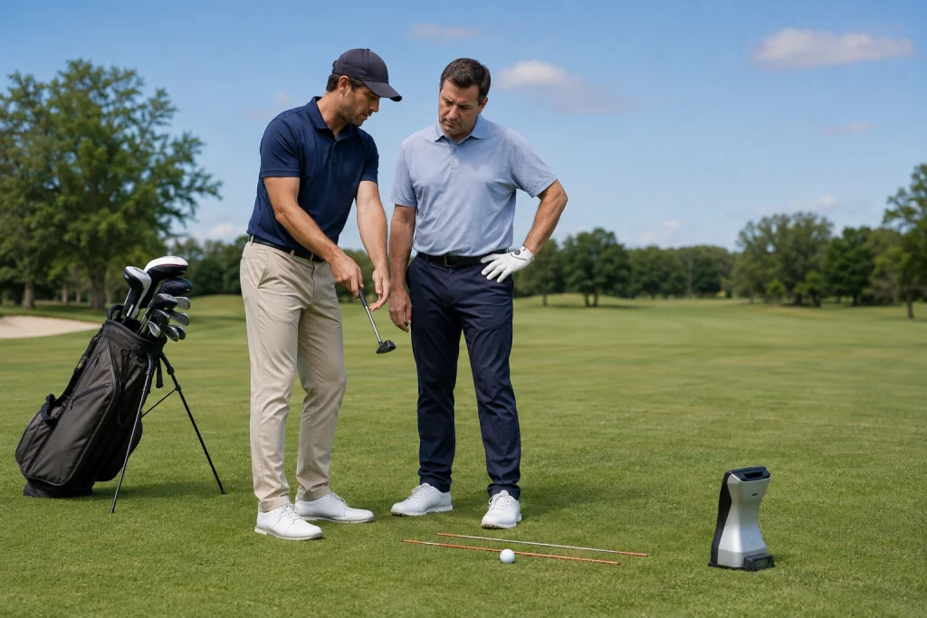 Golf pro helping a player understand fairway shot setup and club choice