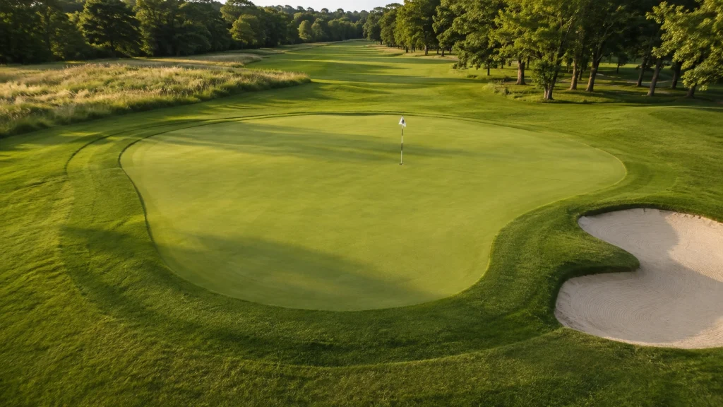 Golf green explained with flagstick, cup, fringe, slopes, and surrounding bunker