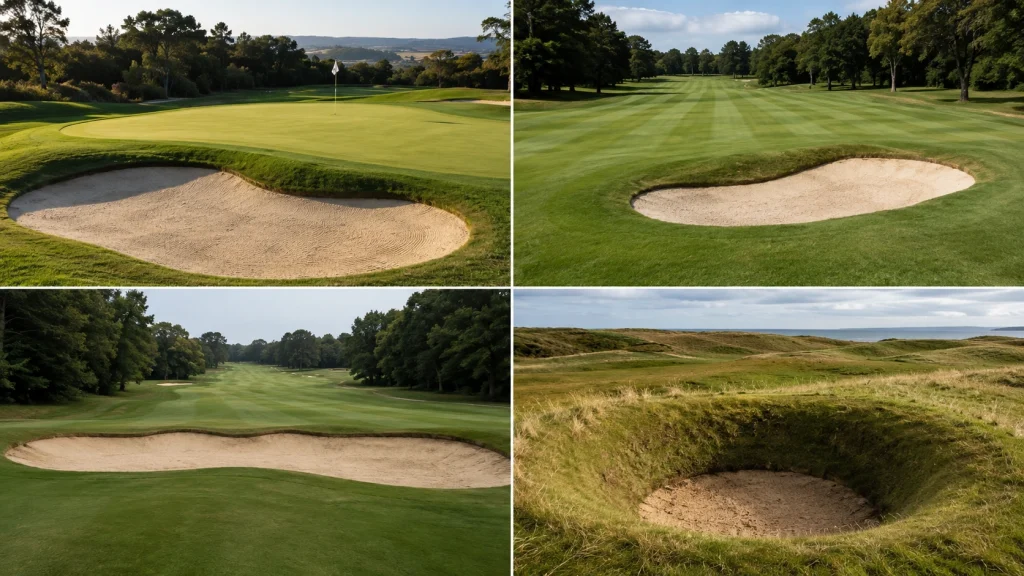 Golf bunkers explained with greenside, fairway, cross, and pot bunker examples