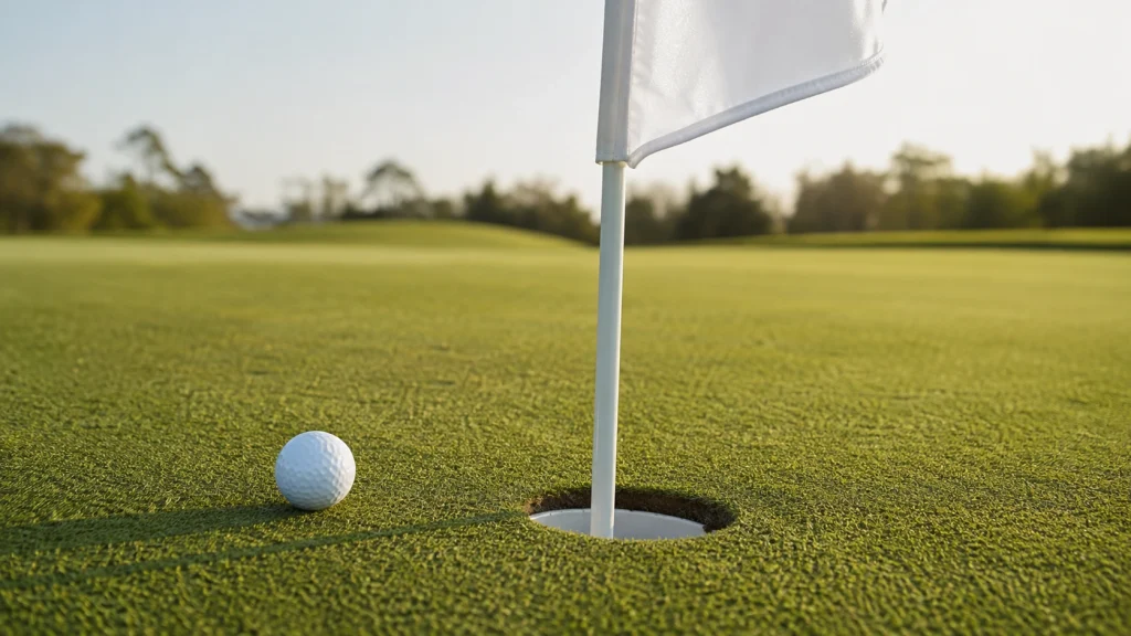 Golf flags explained with flagstick, hole, cup, and golf ball on a putting green