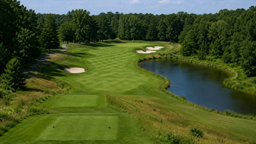 Golf hole layout showing tee box, fairway, rough, bunkers, penalty area, and putting green