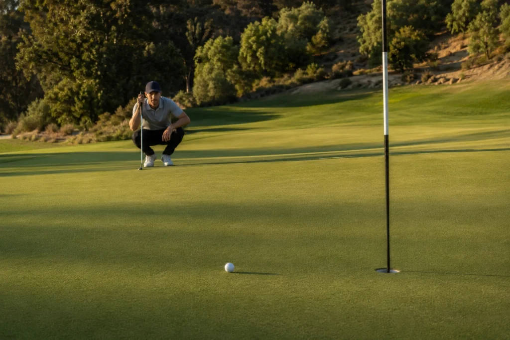 Golfer reading the slope of a putting green before making a putt