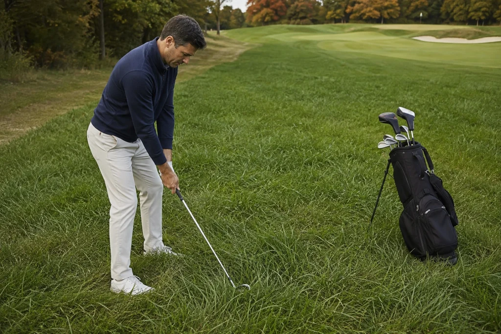 Golfer using a lofted club after reading a deep rough lie