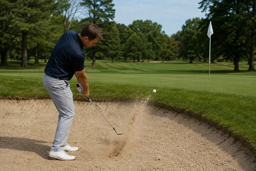 Golf bunker shot setup with open clubface and sand entry point