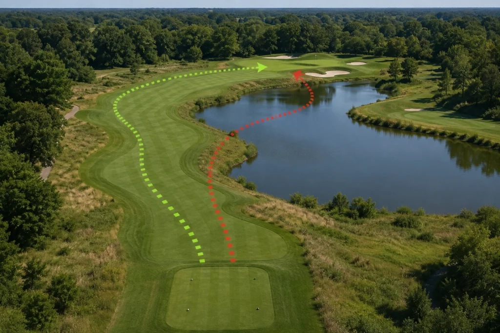 Golf hole layout with safe and aggressive playing routes around a water hazard