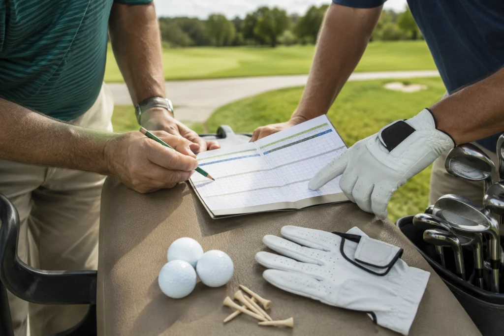 Golf team formats explained with golfers comparing scorecards