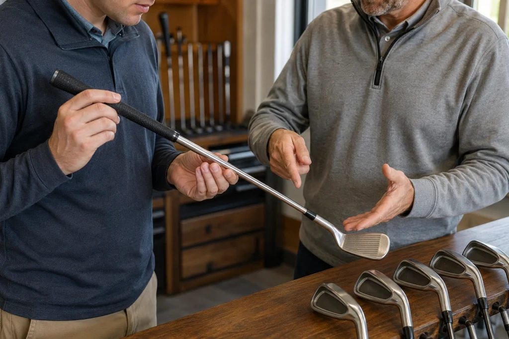 Beginner checking used golf clubs for damage and correct fit
