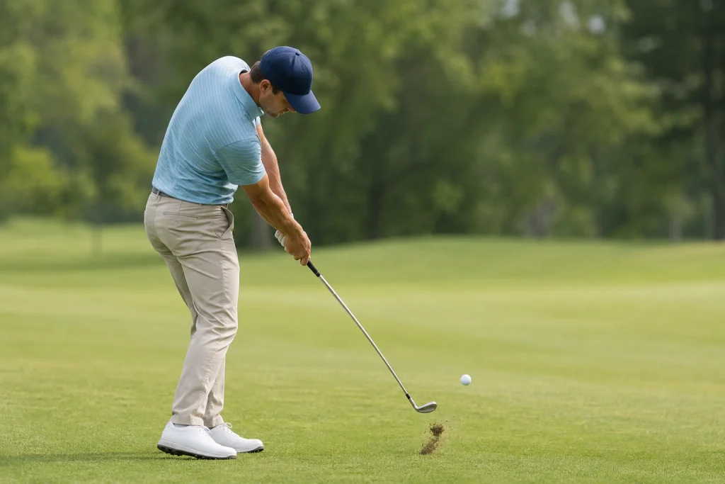 Golfer demonstrating proper iron impact position on a fairway
