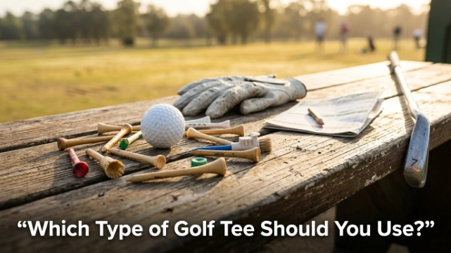 Wooden, bamboo, plastic, step, brush, and wide-cup golf tees compared on a course bench