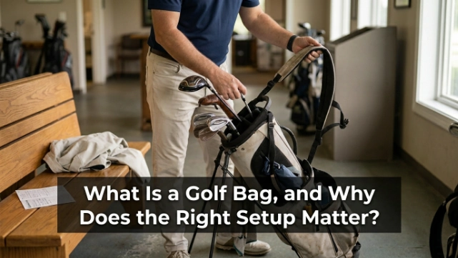 Golfer checking golf bag dividers, straps, club balance, and accessible storage.