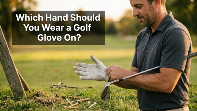 Right-handed golfer putting a golf glove on the left lead hand at a practice tee.