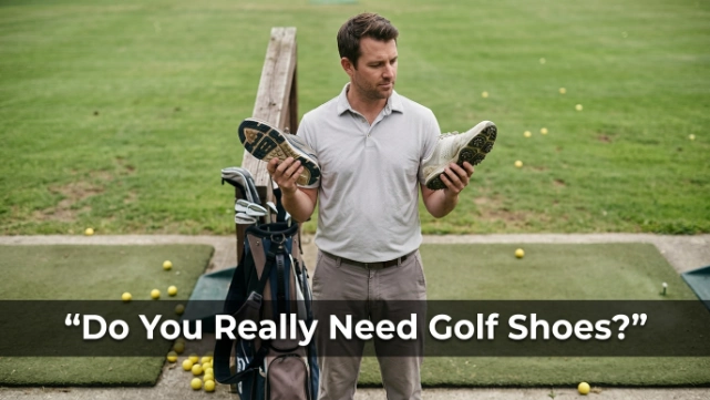 Beginner comparing sneakers and golf shoes at an outdoor driving range