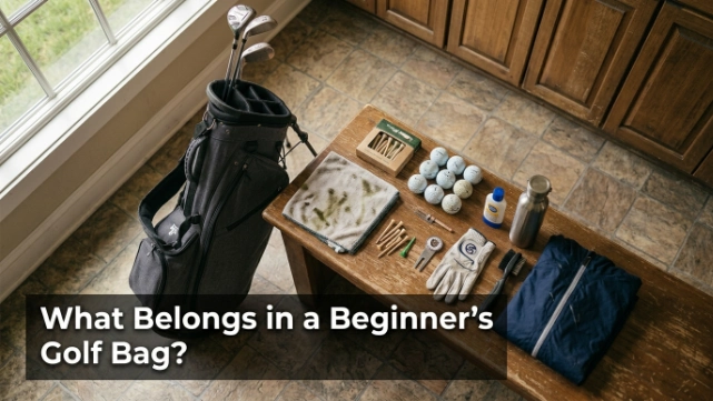 Essential beginner golf bag items arranged on a worn clubhouse bench.