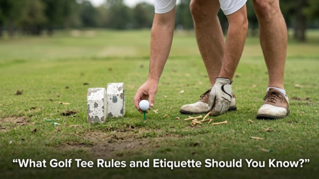 Golfer placing a ball within the teeing area and collecting a broken wooden tee