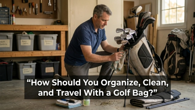 Golfer organizing, cleaning, and packing a golf bag inside a padded travel cover.