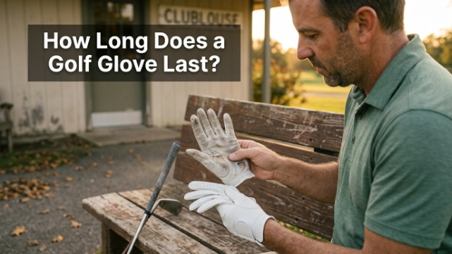 Golfer comparing a new glove with a stretched and worn golf glove.