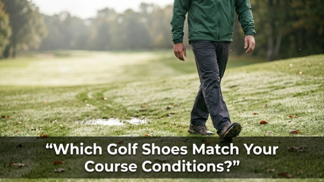 Golfer wearing waterproof golf shoes while walking across a wet sloped fairway