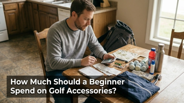 Beginner planning a golf accessory budget with essential gear, receipts, and calculator.