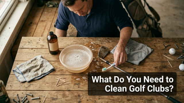 Warm water, mild soap, nylon brush, towels, and toothpick for safely cleaning golf clubs