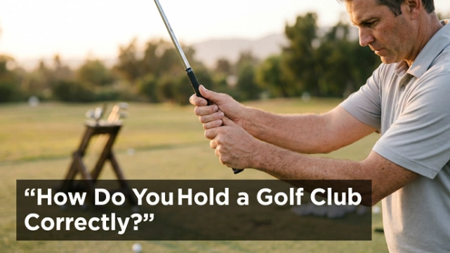 Close-up showing how to hold a golf club correctly with both hands connected.