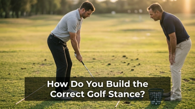 Beginner golfer building the correct stance with natural posture and balanced feet.